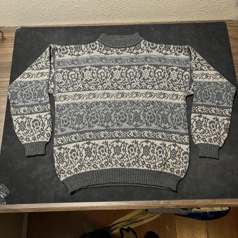 Vintage Fair Isle Wool Crewneck Floral Filigree Sweater Thick XL 1980s Lopapeysa